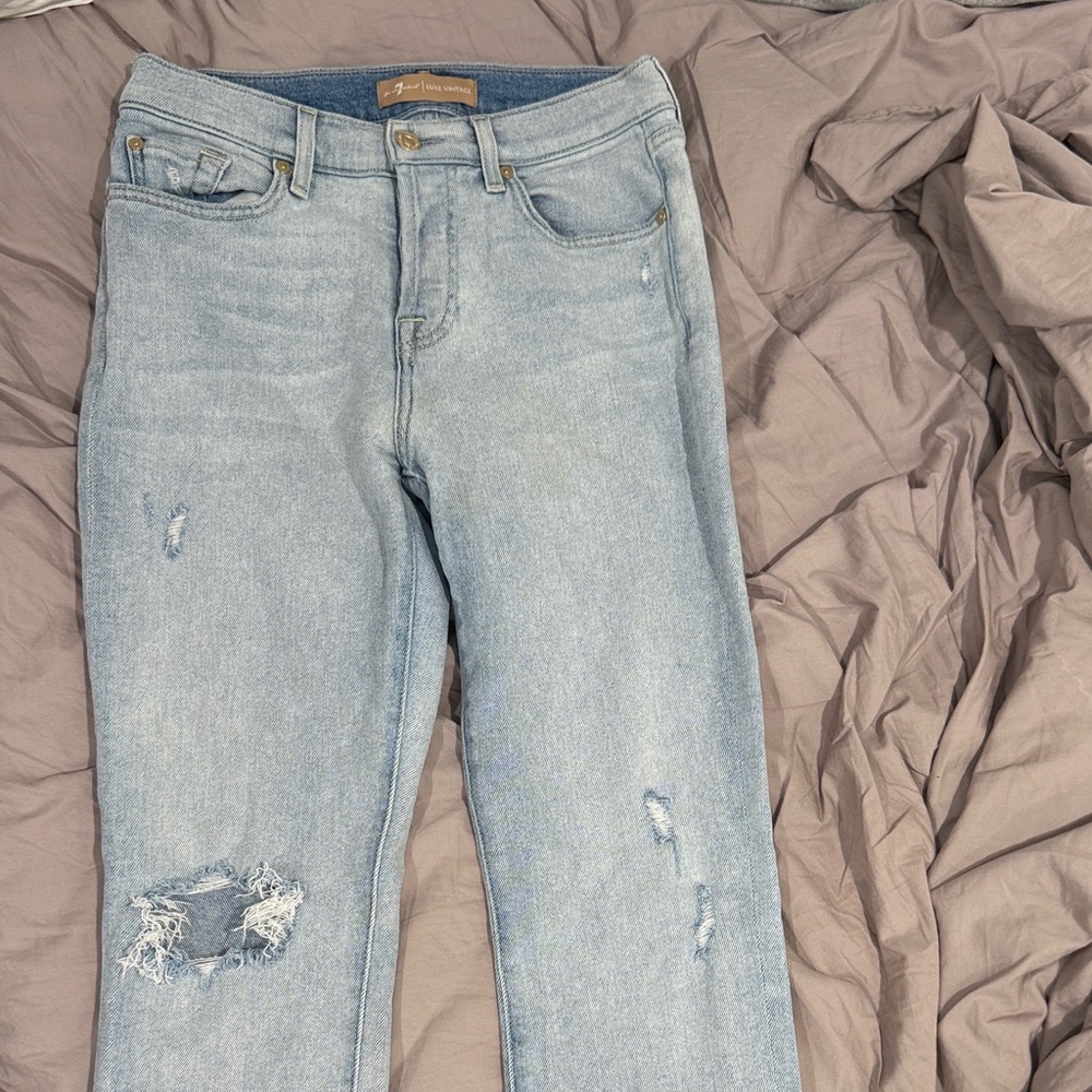 7 For All Mankind Light Blue Distressed Straight Leg Jeans
